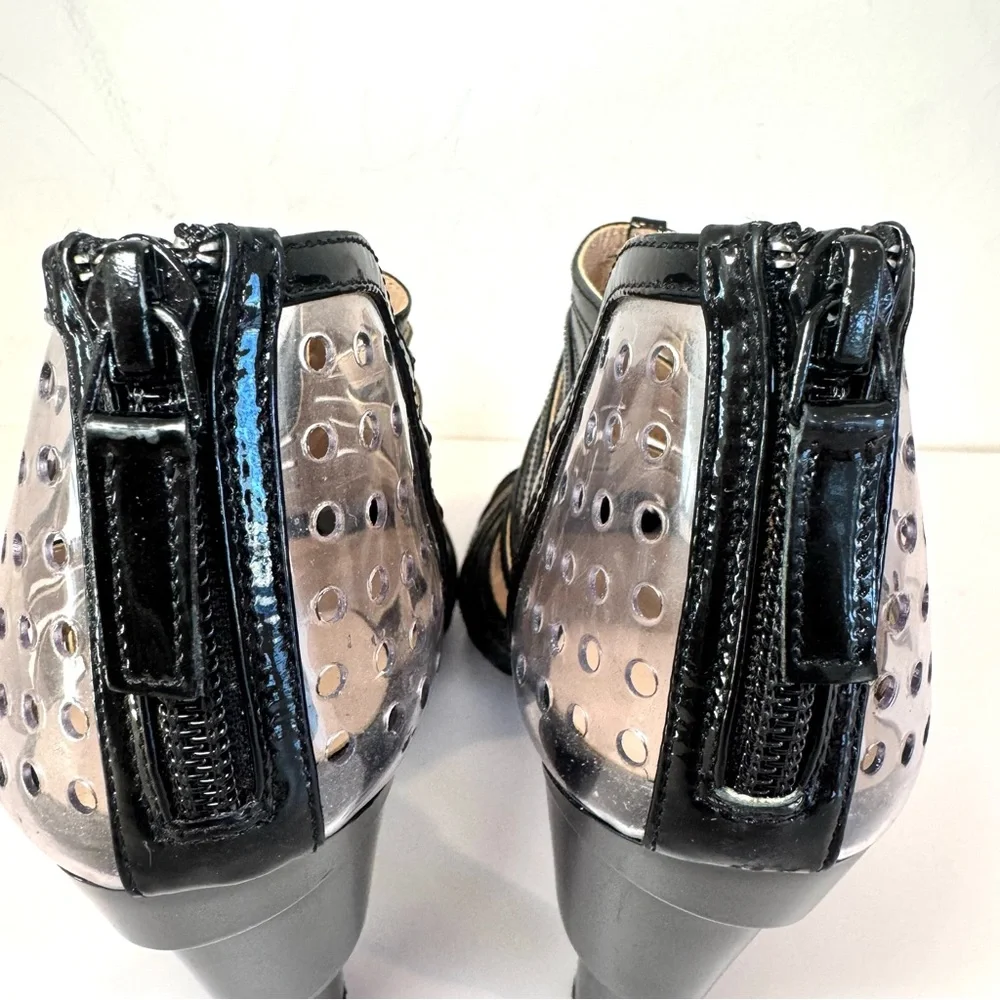 Chanel Black Patent Leather & Clear PVC Cage Block Heel Sandal W CC Logo, Sz 38